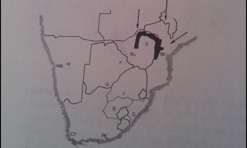 Hand-drawn map of southern Africa showing O. abyssinica distribution zones (S=Savanna, Bu=Bushveld, Be=Eastern highlands, F=Highveld, G=Lowveld, etc.)