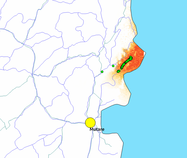 Habitat suitability and density map of the Honde Valley region near Mutare, showing orange heat zone indicating high bamboo density in eastern highlands