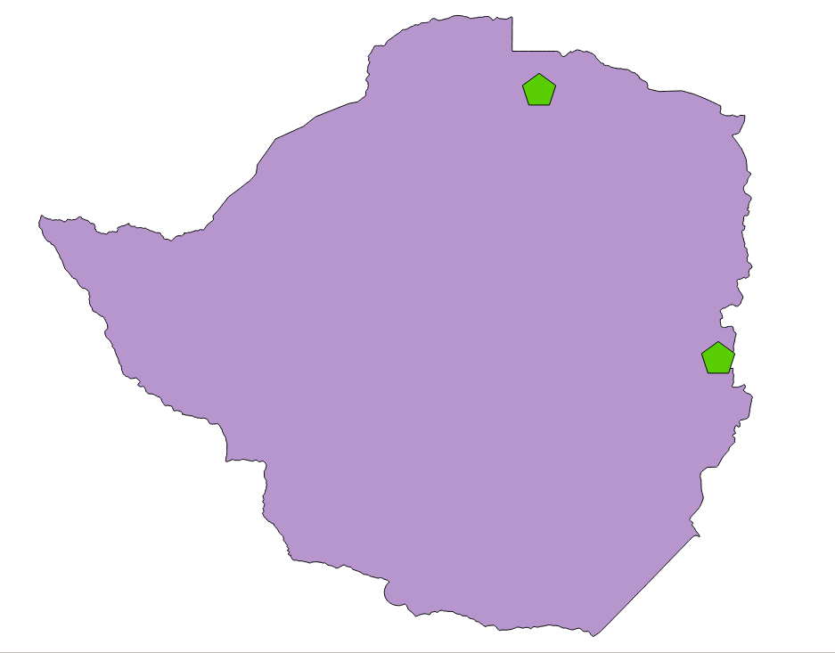 Outline map of Zimbabwe showing two confirmed bamboo location markers — Mavuradonha/Guruve in the north and Honde Valley in the east